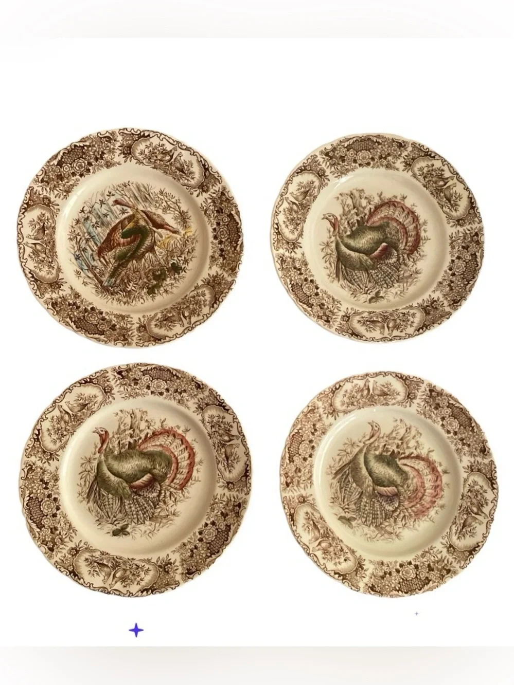 Set Of 4 Johnson Brothers  Wild Turkeys Brown Native American Thanksgiving 10.5”